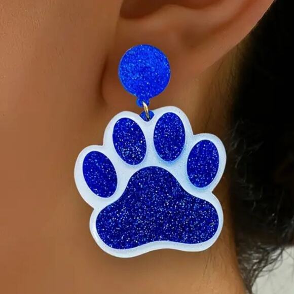 Blue and White Acrylic Paw Drop Earrings Kentucky - Picture 3 of 3